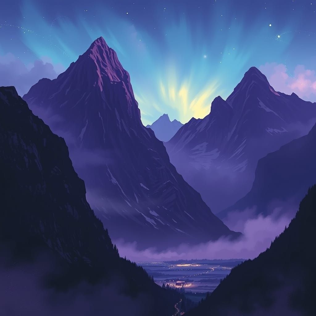 Regal Mountains Under Purple Night Sky with Village in Dista...