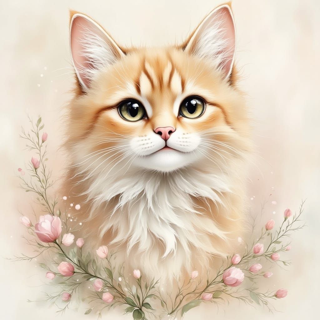 Lovely Fluffy Cat with Floral Details in Art Nouveau Style
