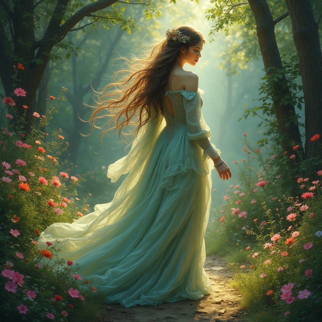 Mystical Woman in Garden, Art Nouveau Style