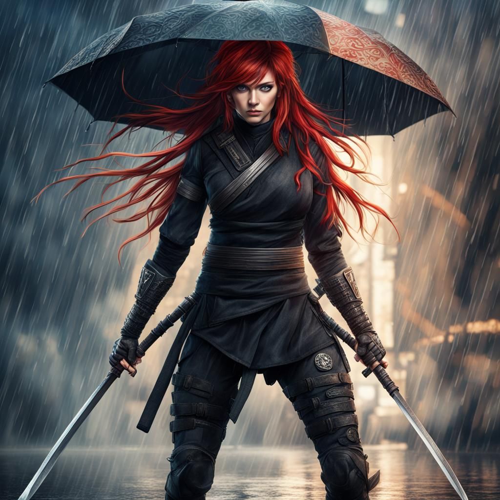 Red-Haired Ninja Woman in Rain, Cinematic Lighting