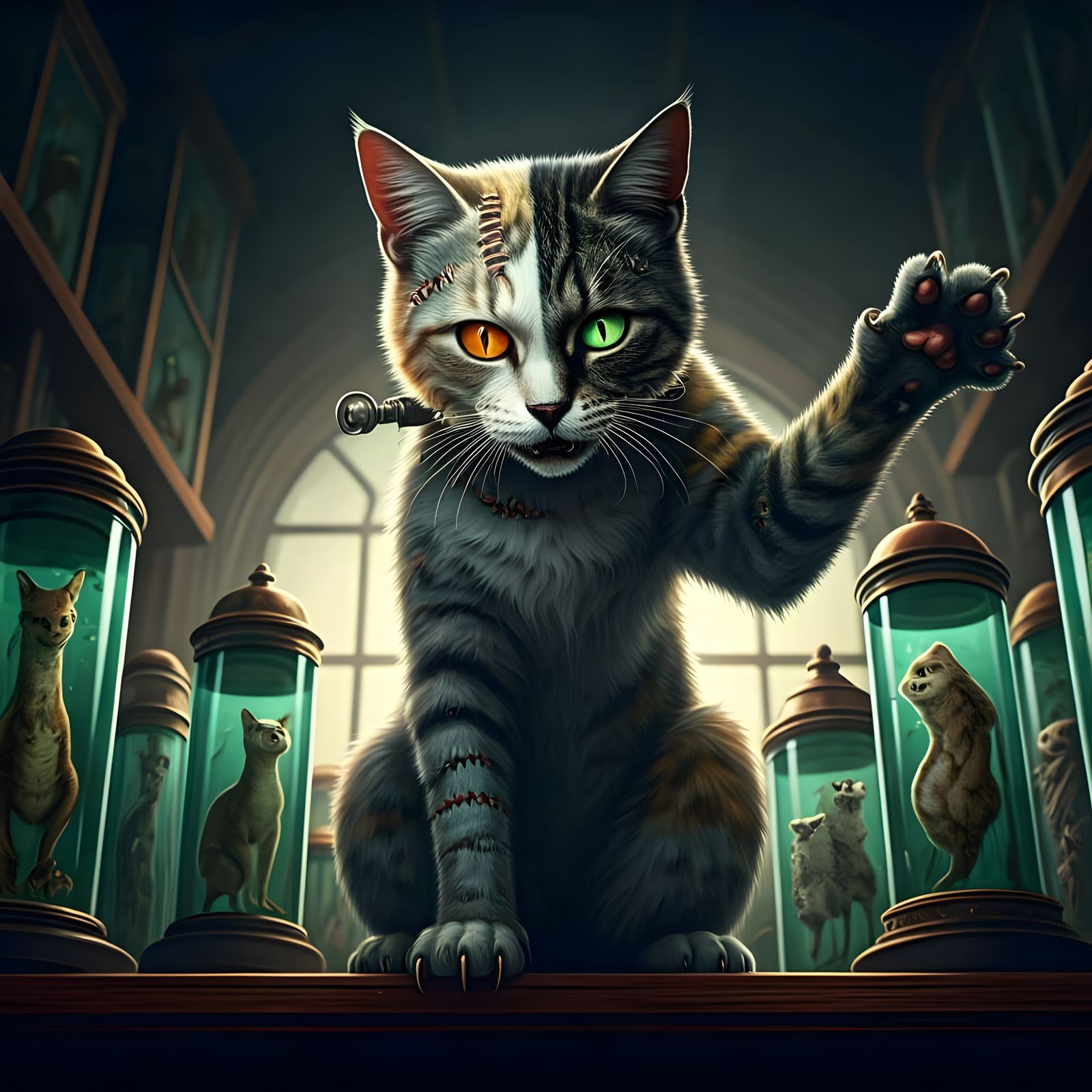 Cyberpunk-Style Frankencat Looms Over Victorian Laboratory