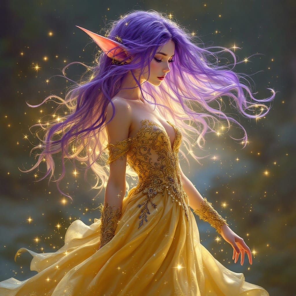 Enchanted Halfling in Golden Gown with Lavender Hair