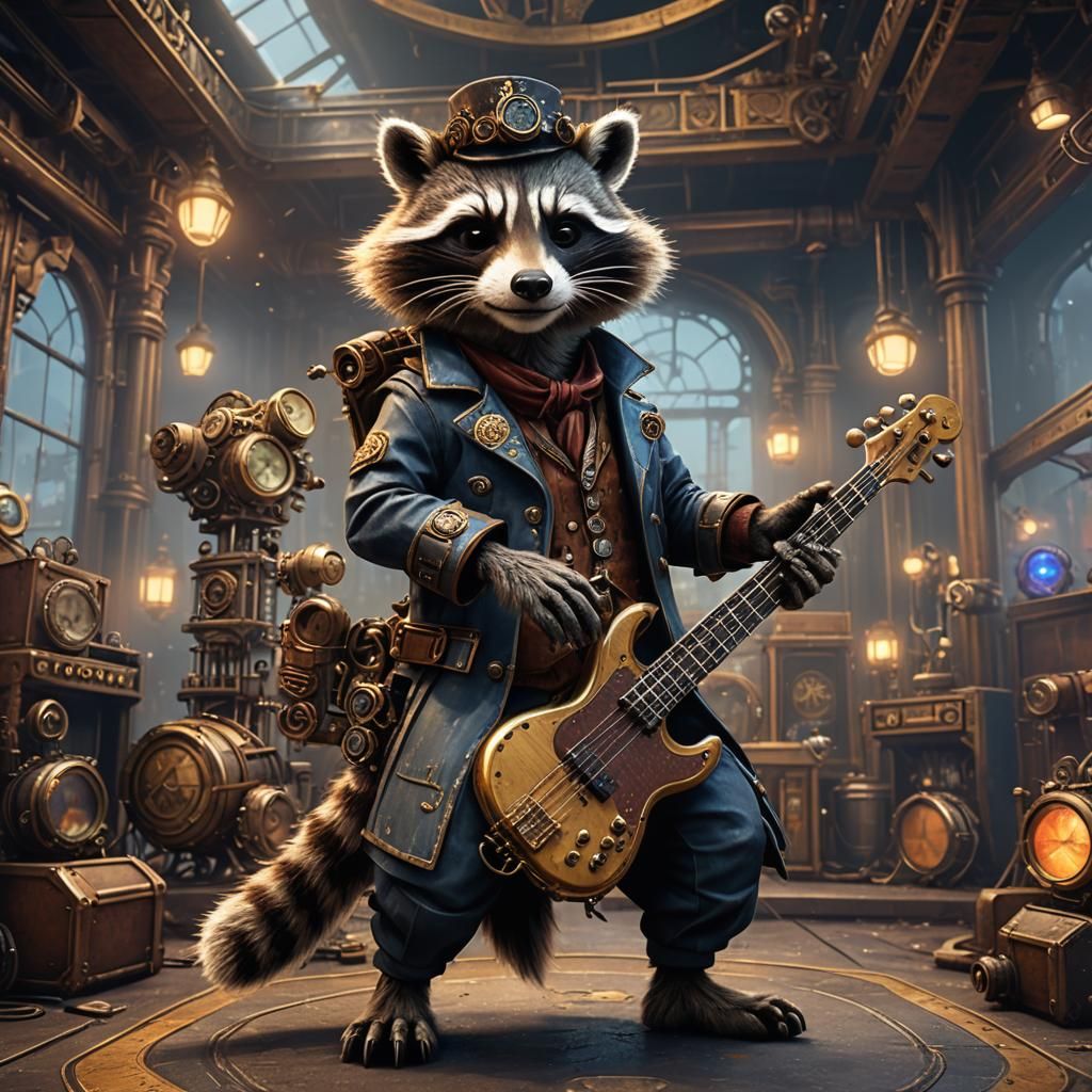 Steampunk Raccoon Bassist on Stage in 8K