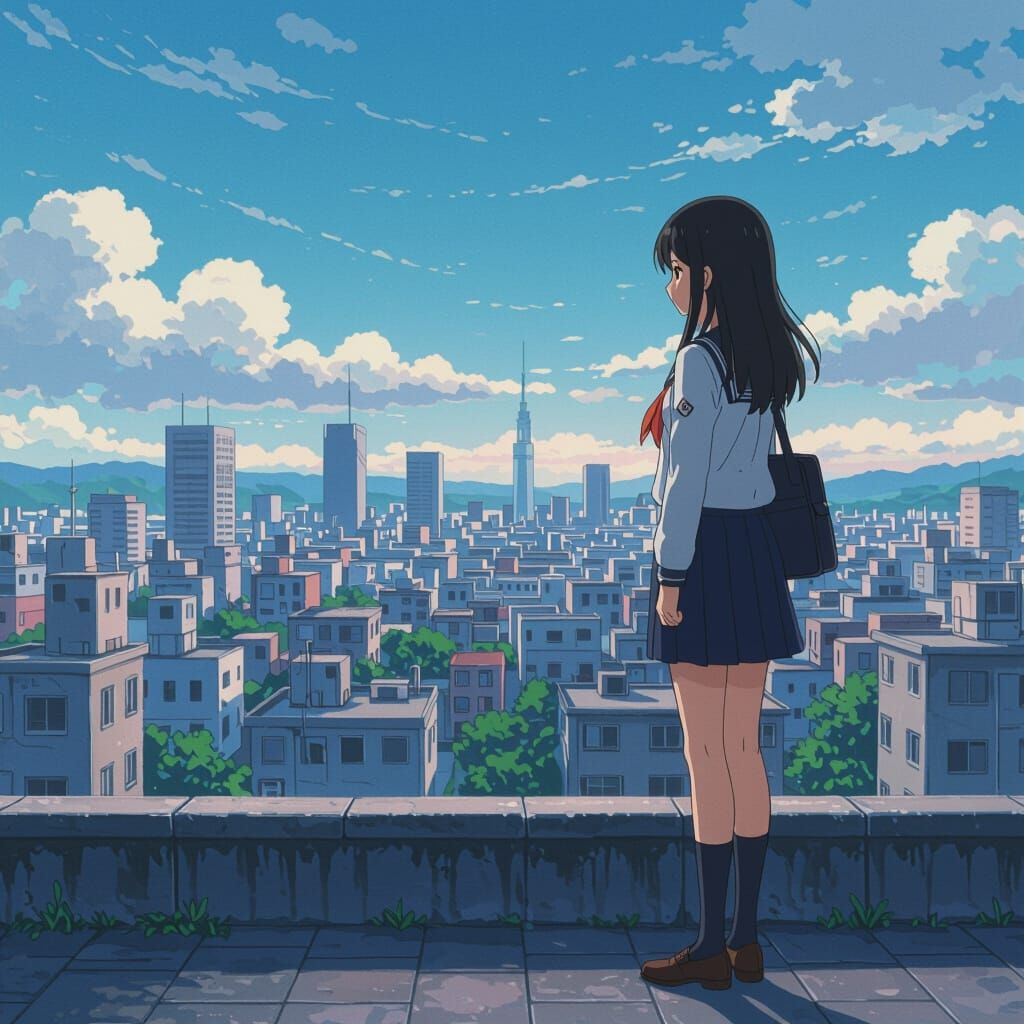 Anime Girl on Rooftop Contemplating Cityscape