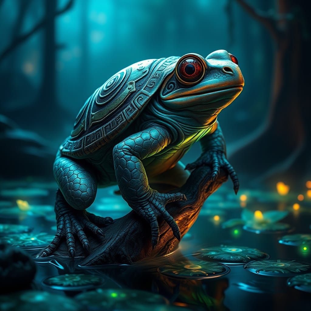 Hyper-Realistic Frog Turtle Hybrid Perches on Mystical Swamp...
