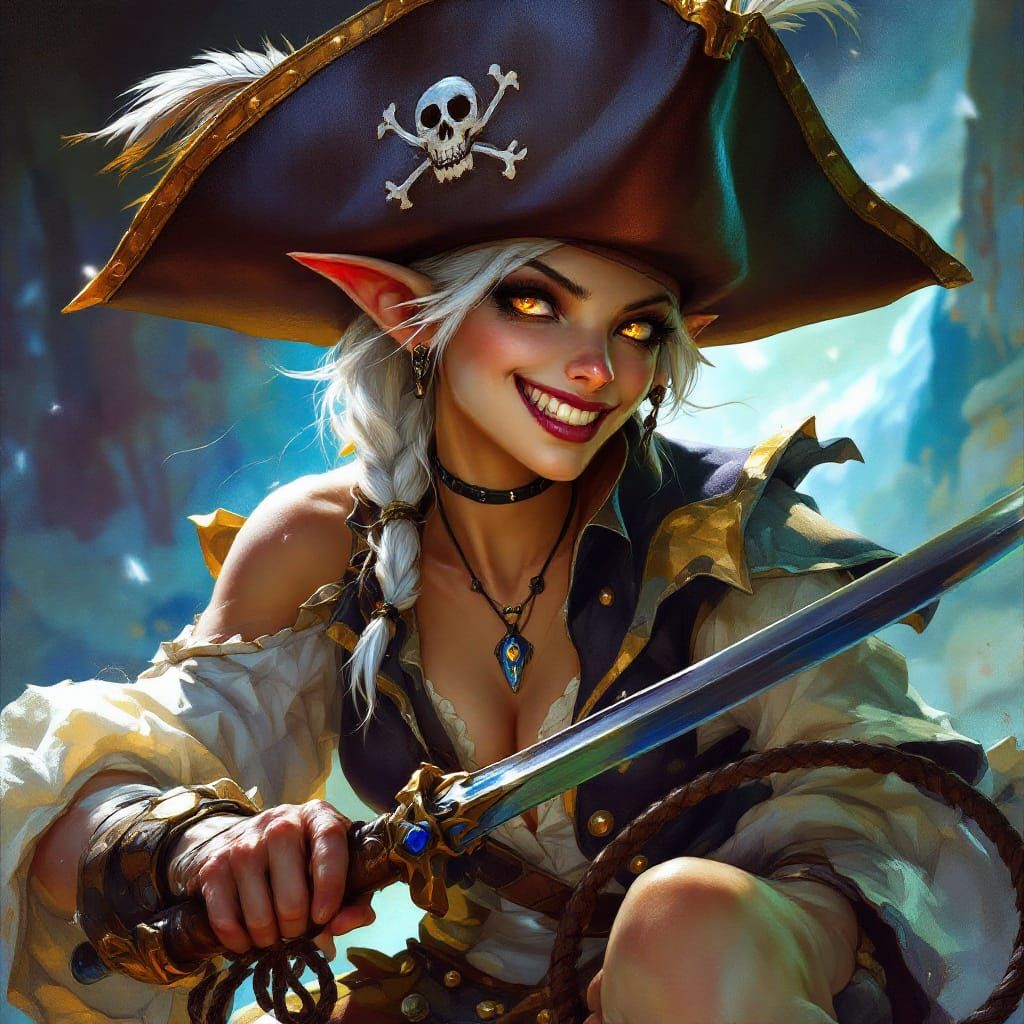 Mischievous Moon Elf Pirate Wielding Saber and Whip