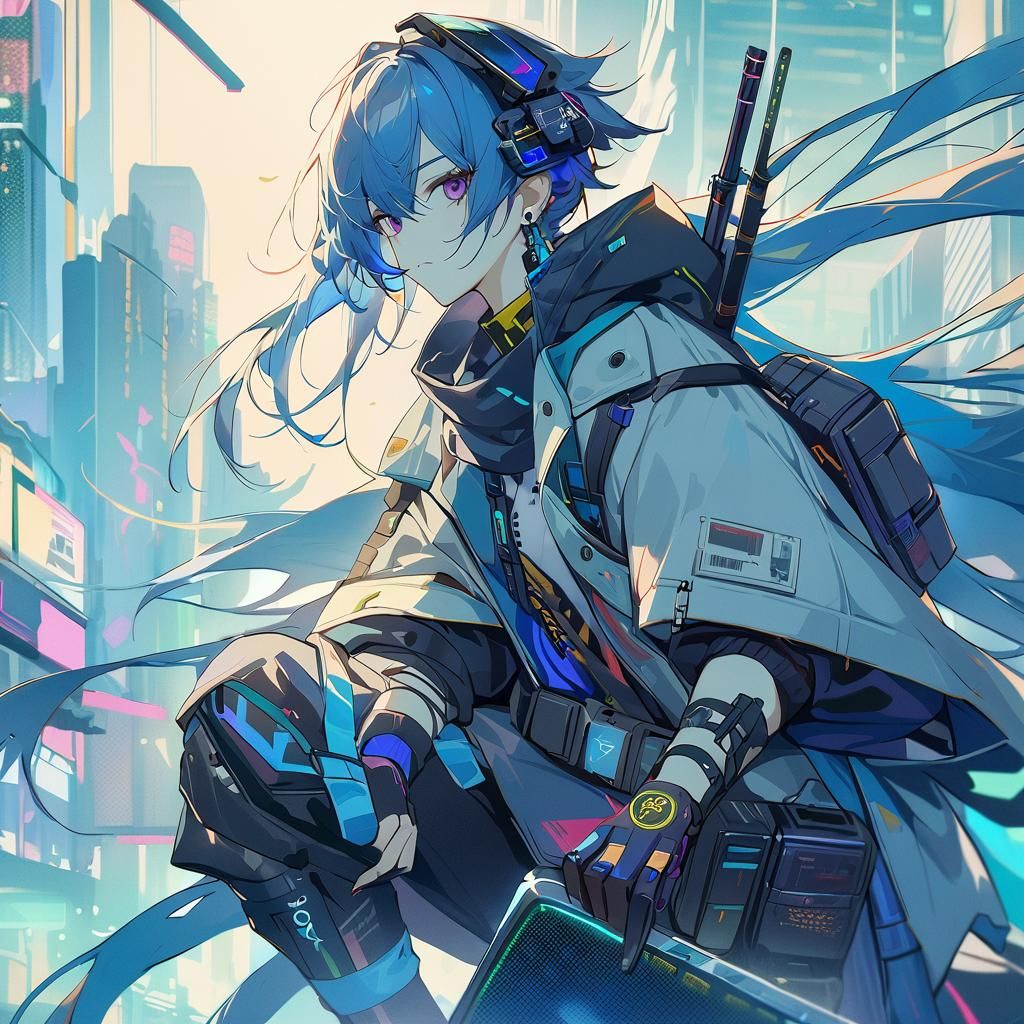 Cyberpunk Archer with Blue Hair in Cityscape
