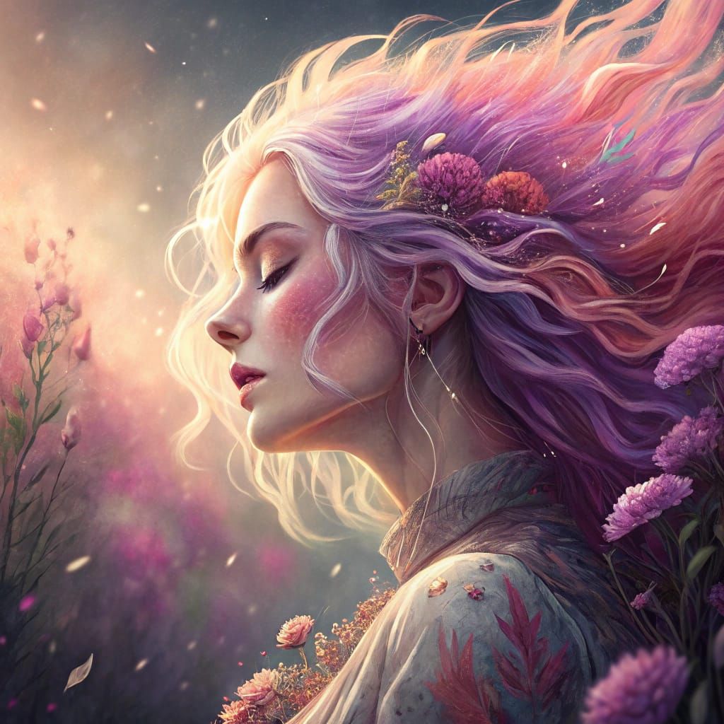 Fantasy Woman with Pink and Purple Hair in Dreamcore Style