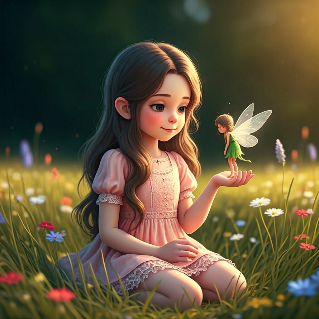 Girl with Fairy in Ghibli-Inspired Meadow