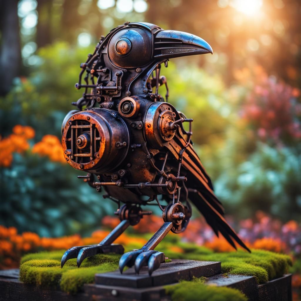 Mechanical Raven Rusting in Mystic Garden