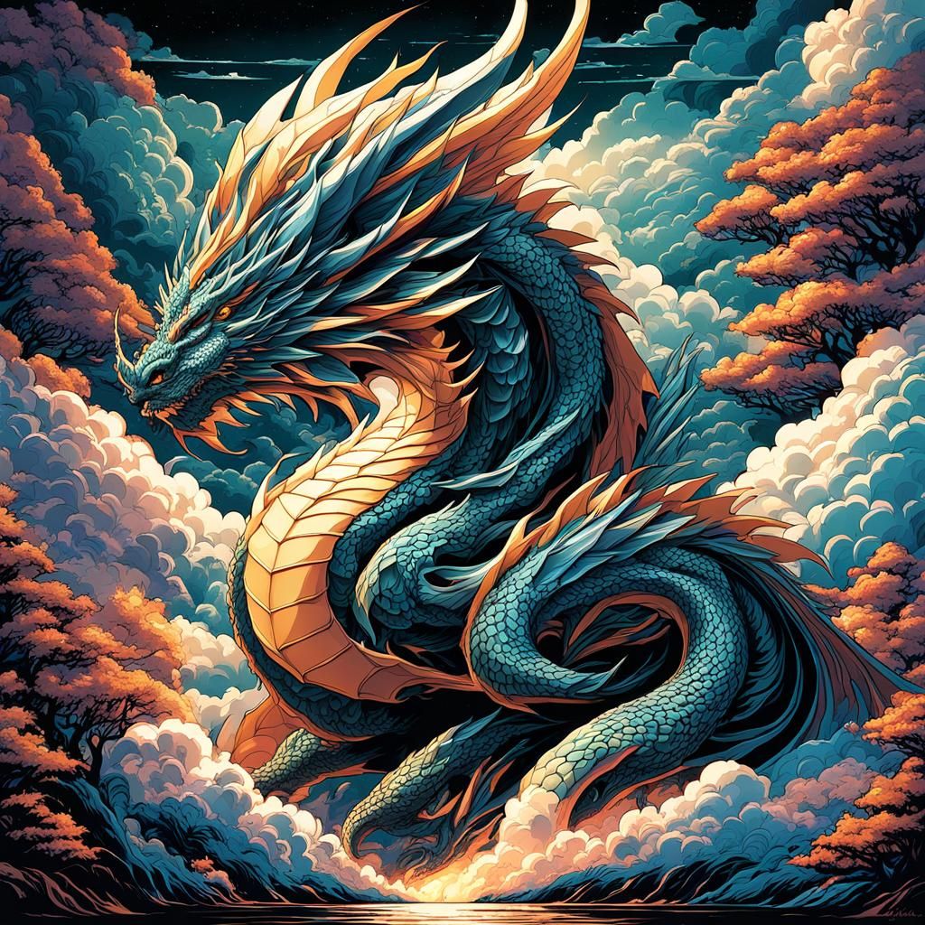 Cloud Dragon Guarding Gates in Comic Book Art