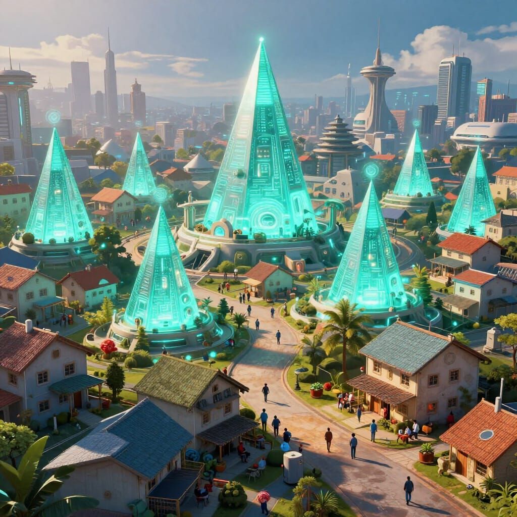Futuristic Town Powered by Glowing Pyramids