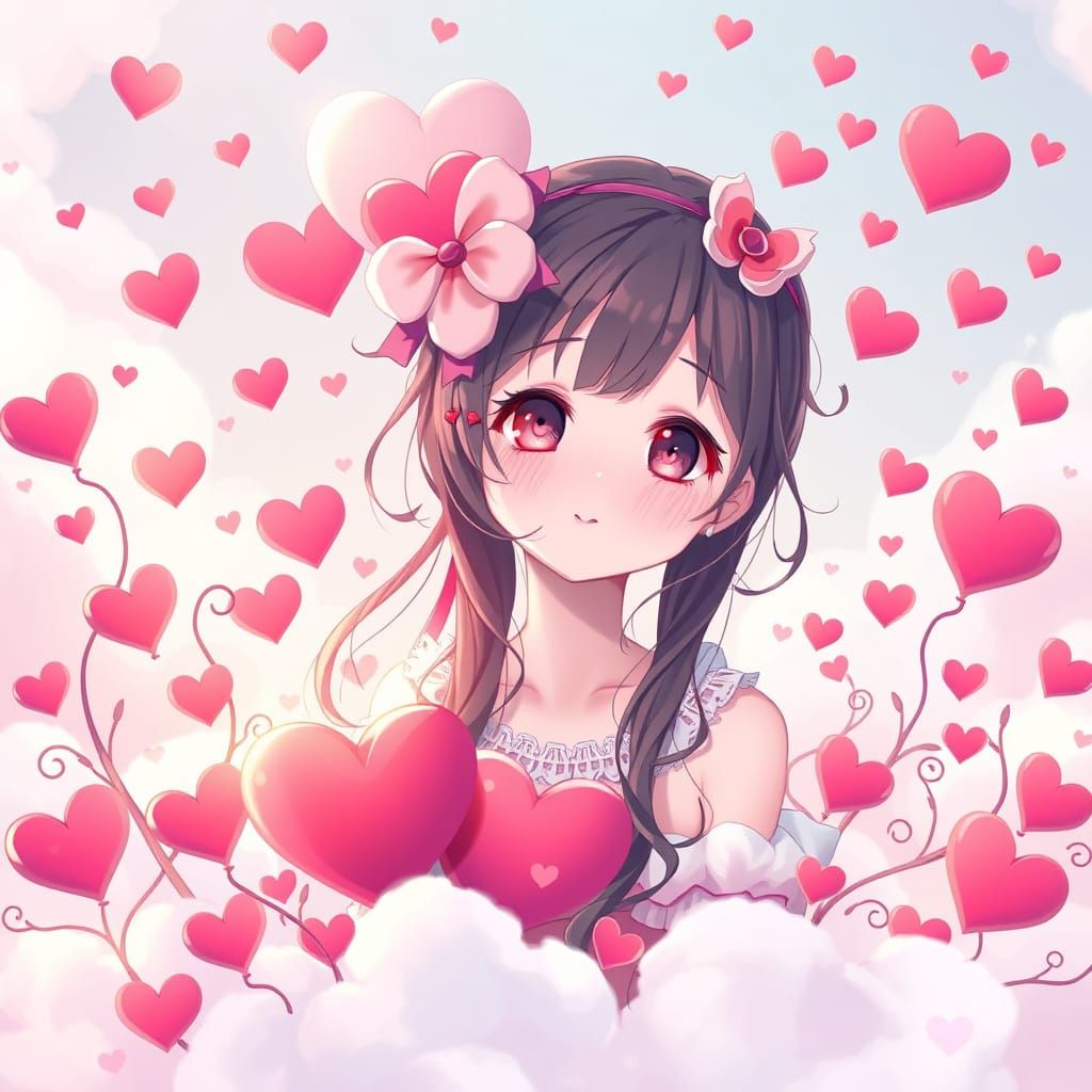 Sweet Blushing Heroine Surrounded by Colorful Hearts in Whim...