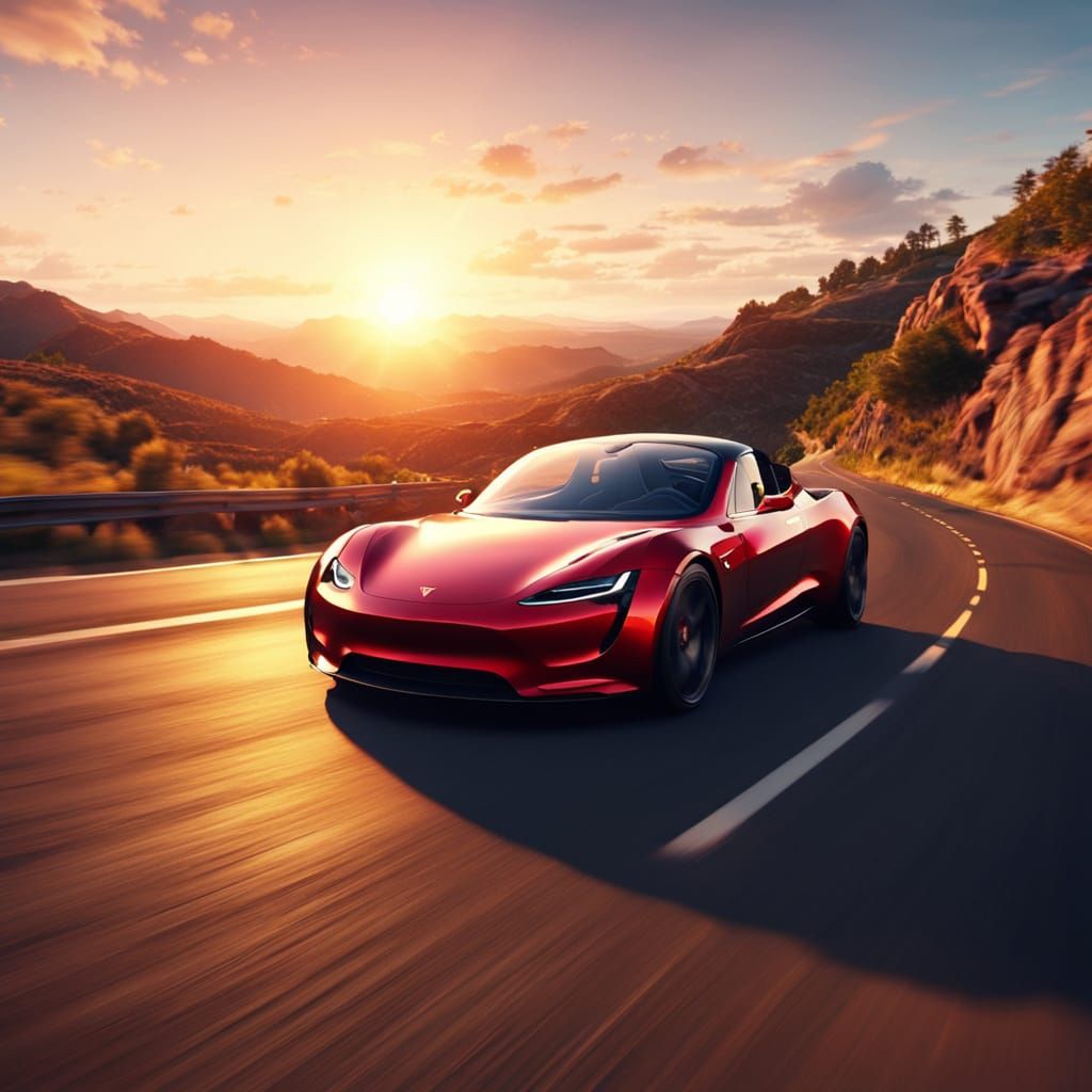 Vibrant Red Tesla Roadster on Winding Road at Golden Hour