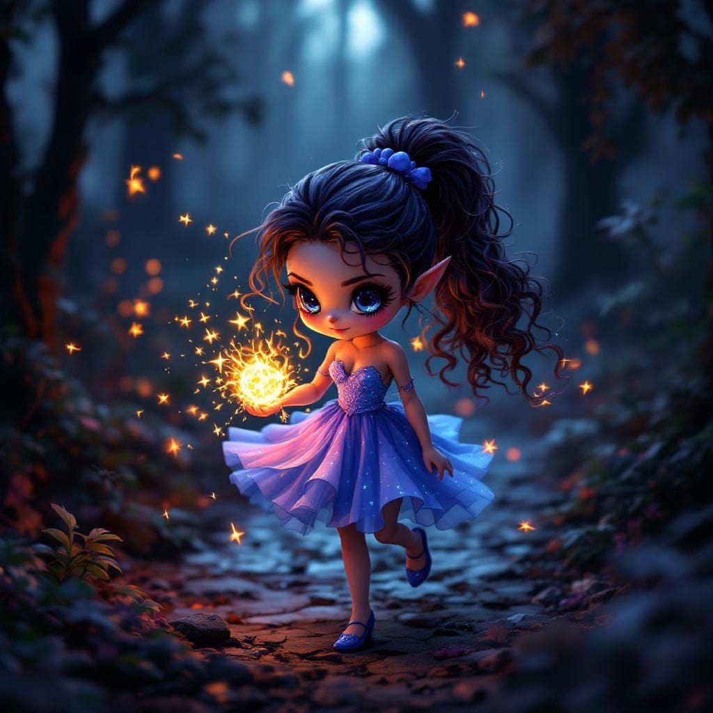 A Nightglare Blurred Hyperwave Horror Fantasy Elf chibi beautiful woman wearing a Sparkly flare blueberry dress. Long cu...