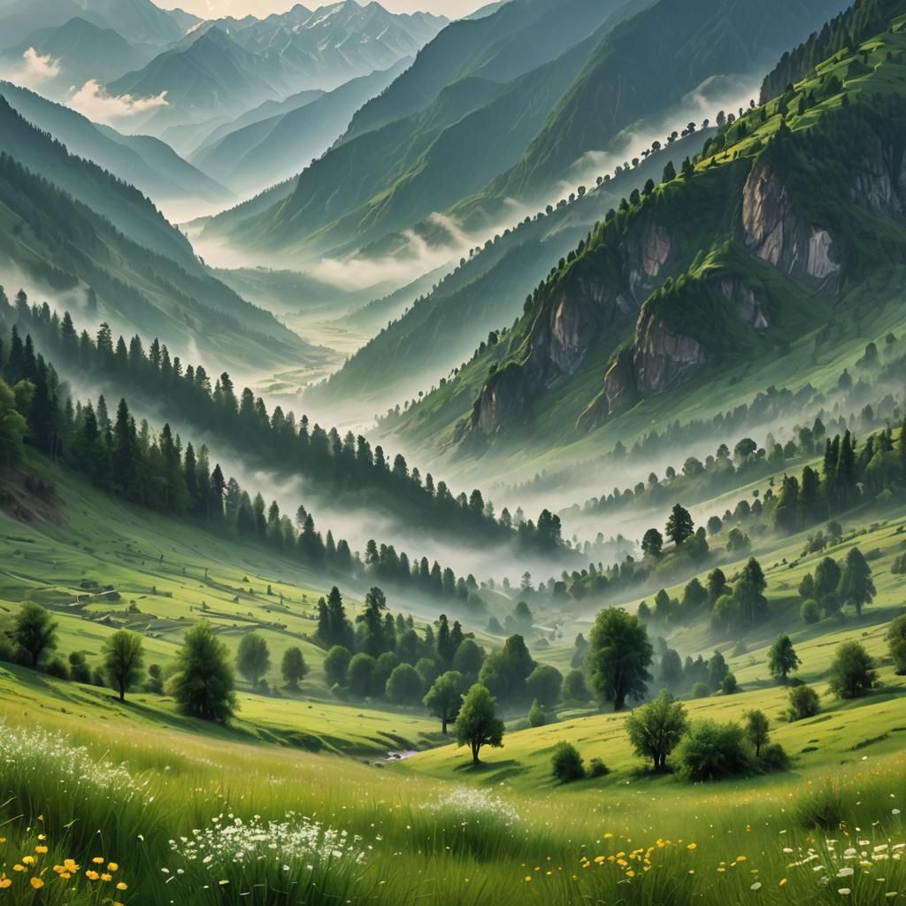 Neelum Valley: Misty Mountains in Dreamy Oil Painting