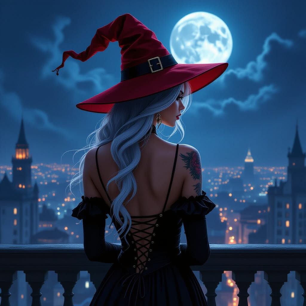 Urban Sorceress on Balcony Overlooking City