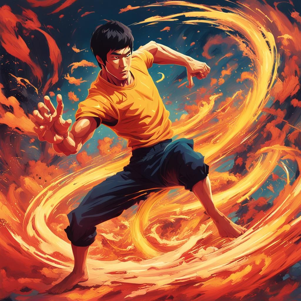 Bruce Lee with the power of dragon of fire