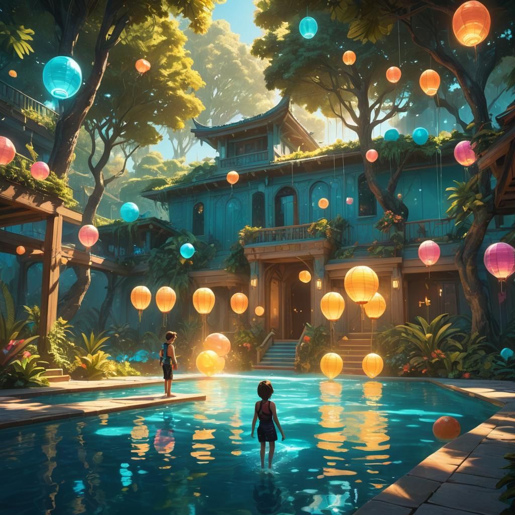 Kids Diving into a Glowing Fantasy Pool