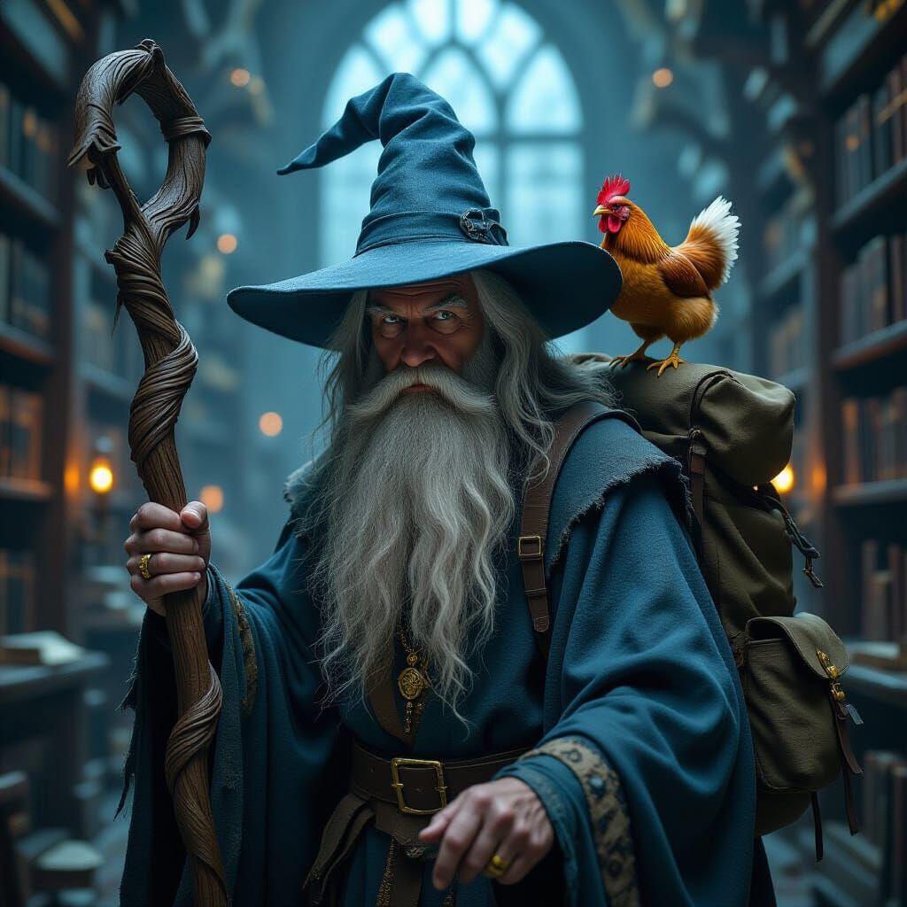 Ancient Wizard in Dim Library, Matte Painting Style