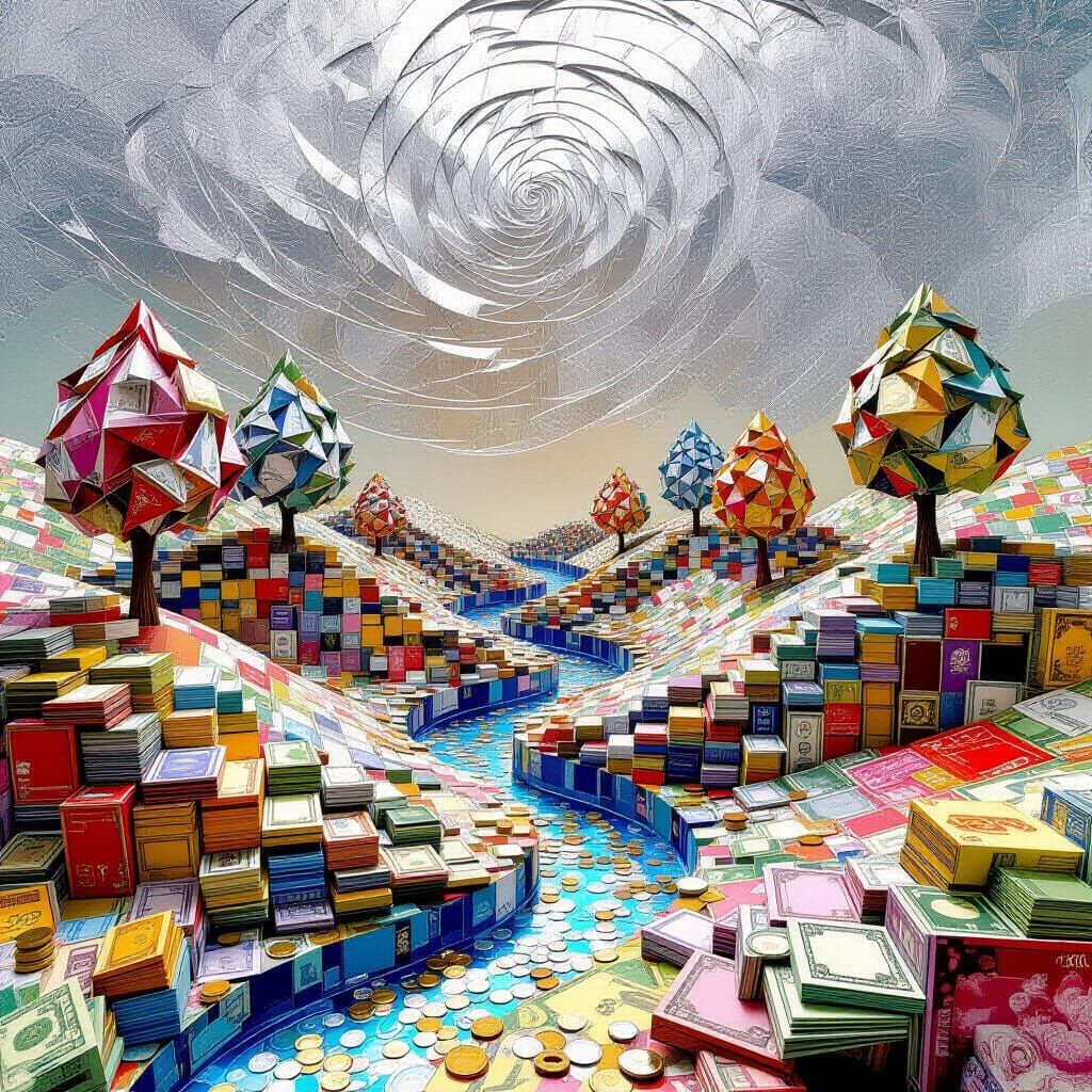Surreal Money Landscape with Origami Trees