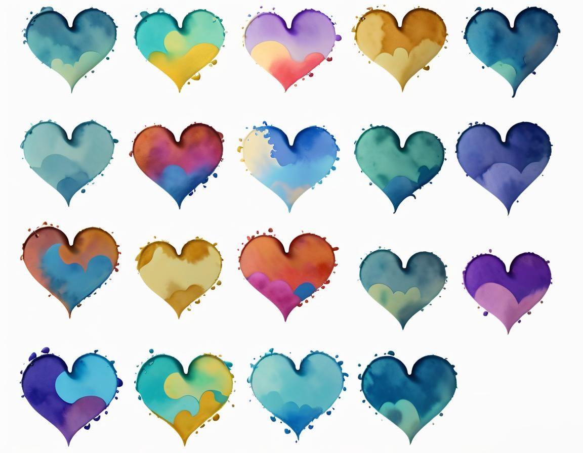 Psychedelic Swirly Hearts in Watercolor Paint Style