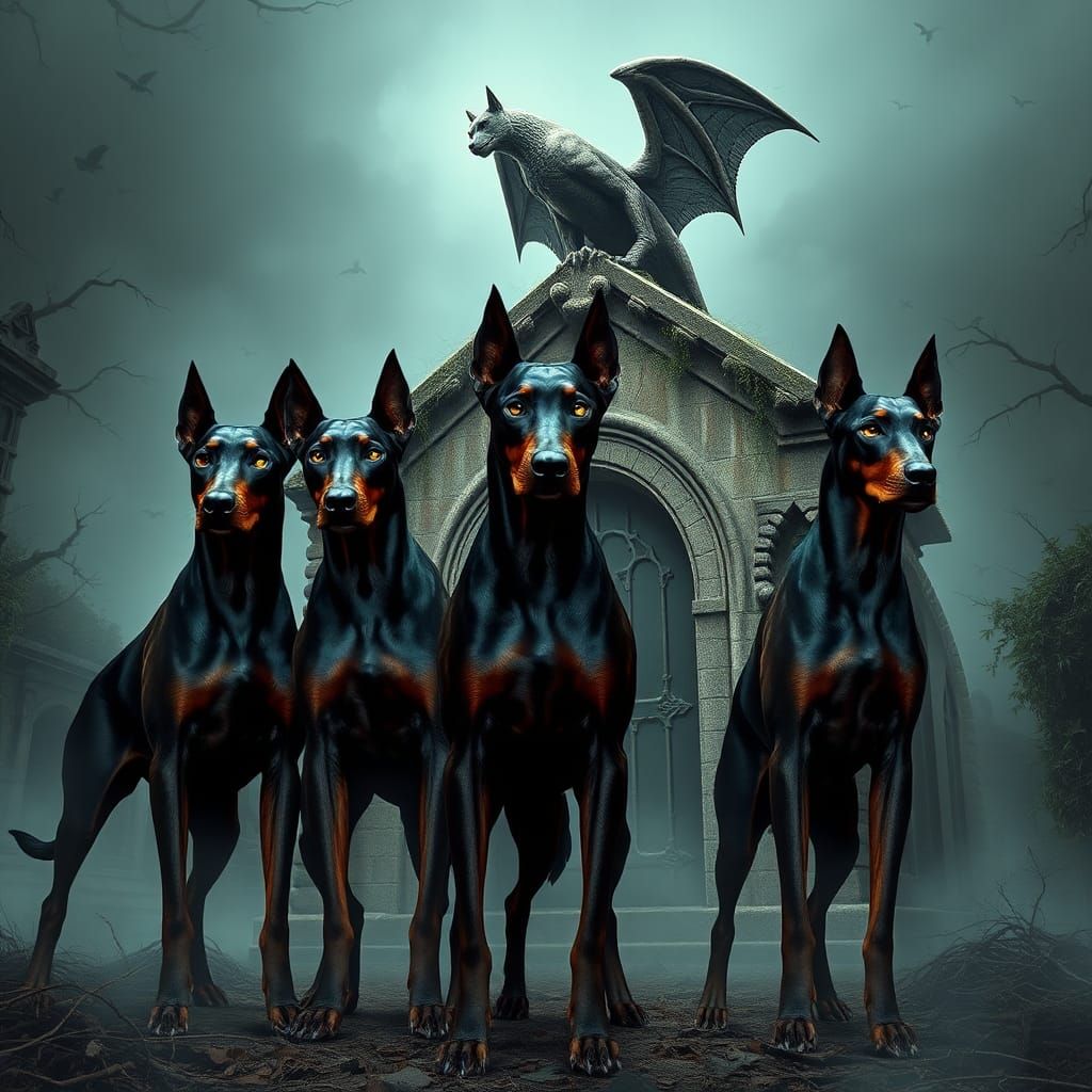 Dobermans Guarding Graveyard Mausoleum in Cinematic Style