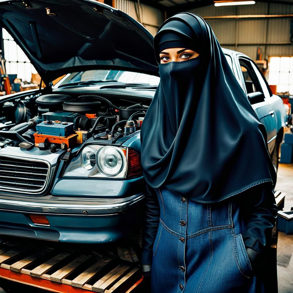 Enticing Niqabi Woman Repairing Car, Oil Painting Style