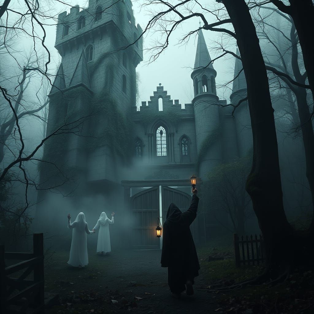 Haunted Castle and Wandering Ghostly Children in Eerie Fores...