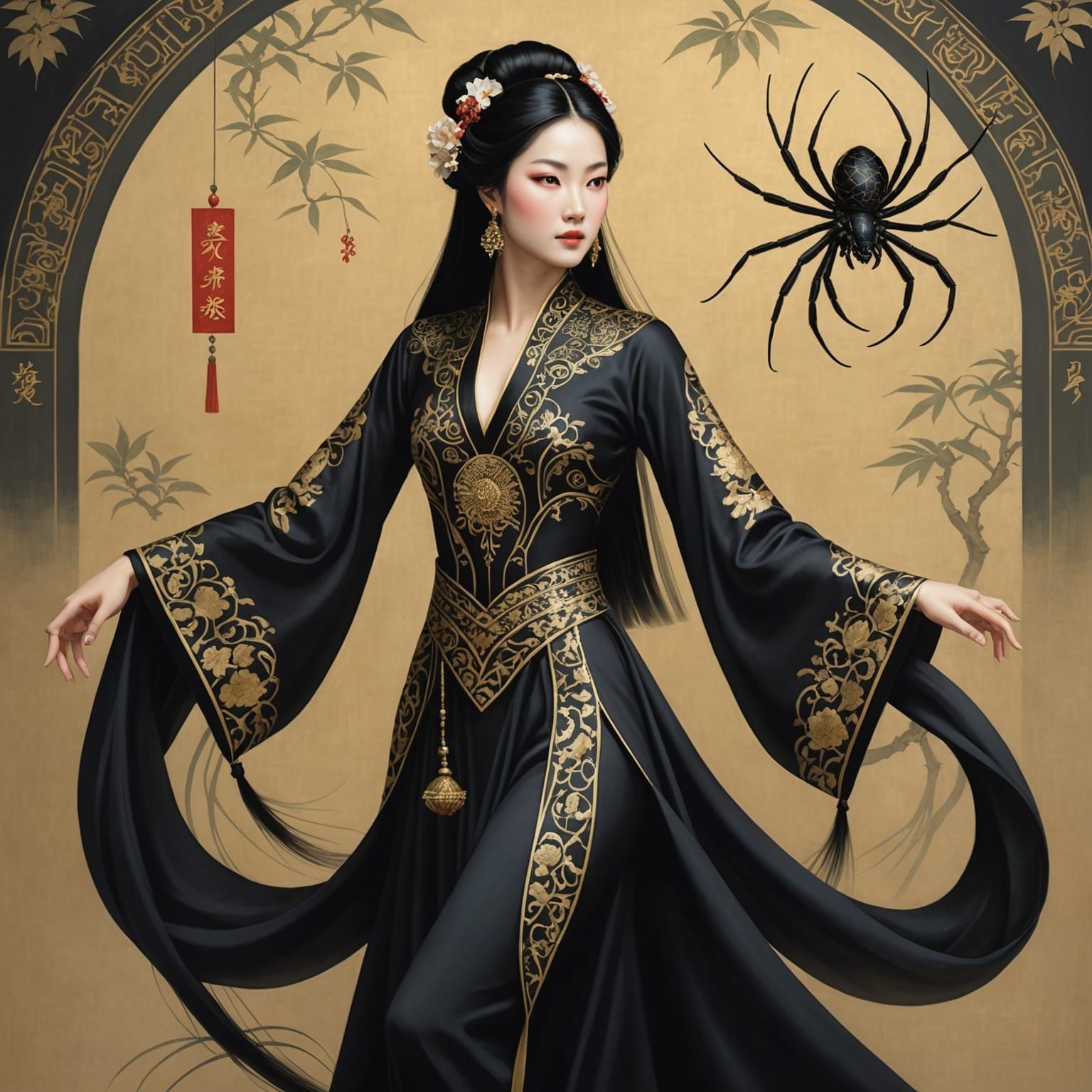 Elegant Spider Woman Weaving Webs in Moonlight