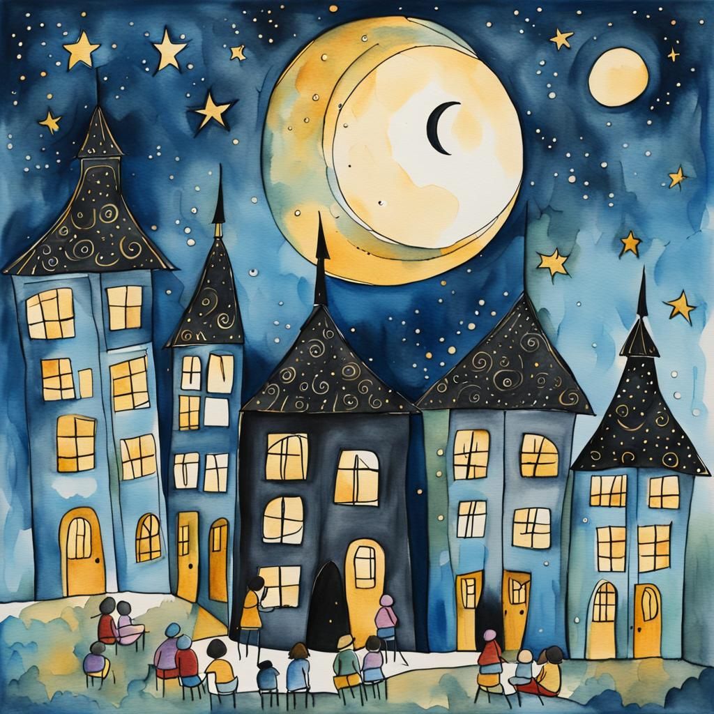 Whimsical Folk Art Scene with Children Drawing