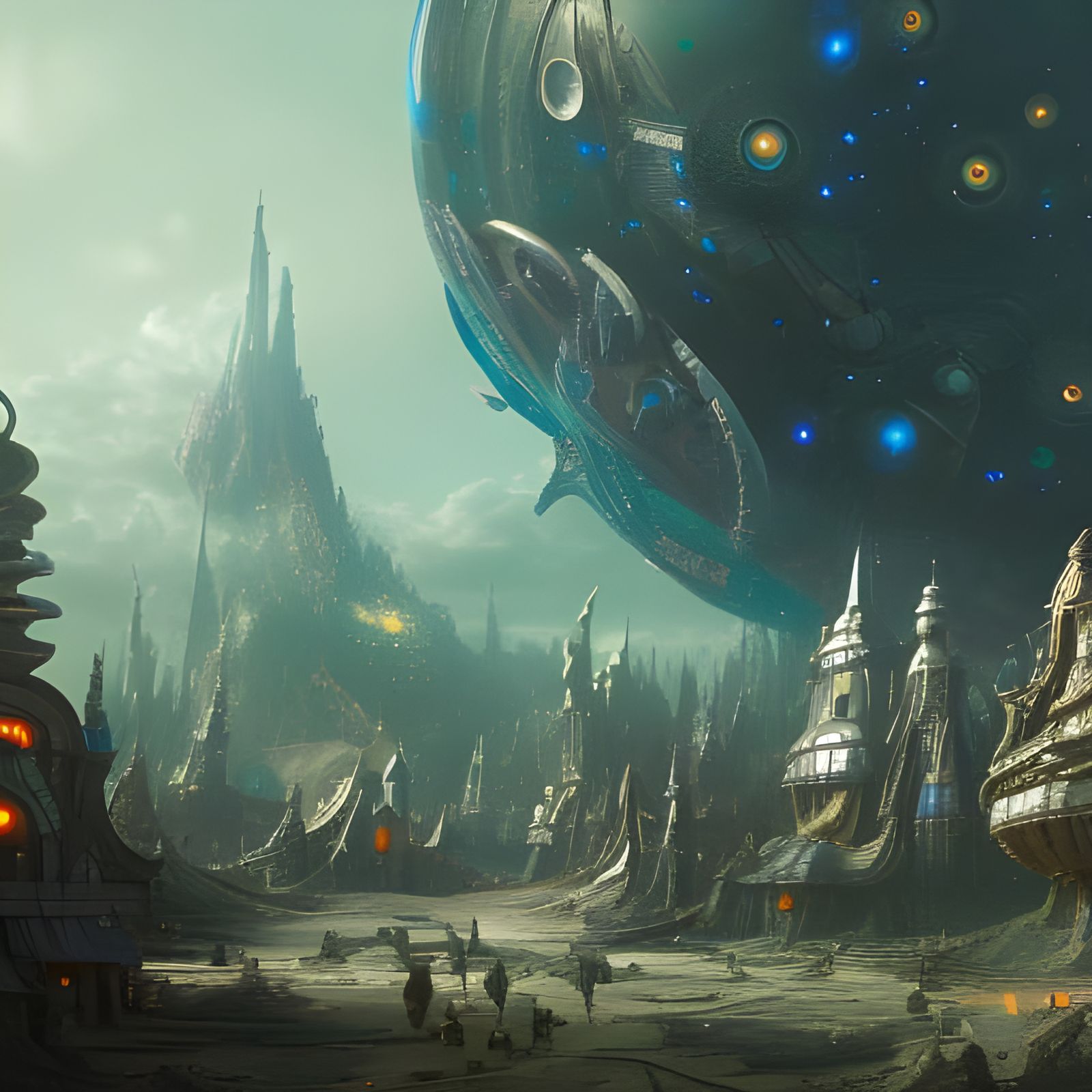 Fairy Town with Alien Spaceship Concept Art