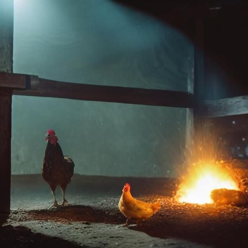 Chickens Feast on Fried Chicken: Cinematic Film Still
