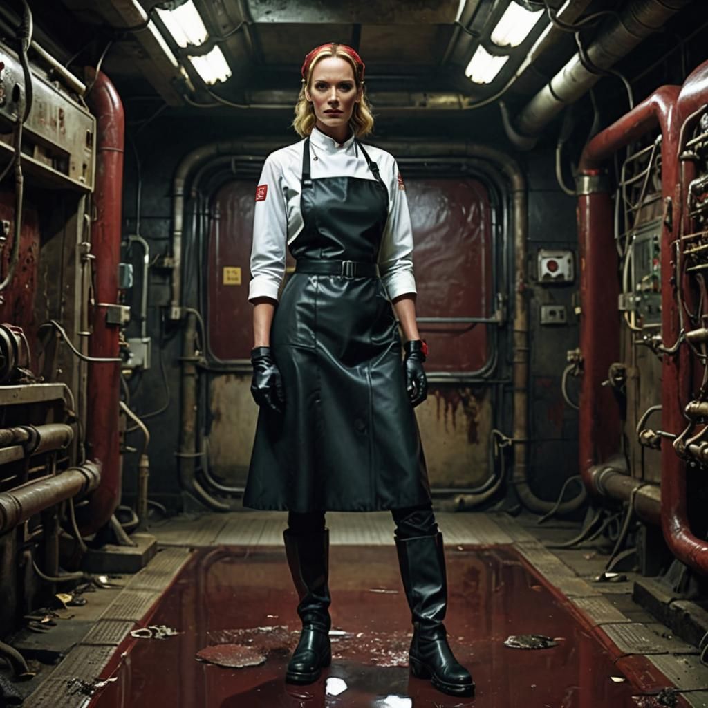 Stern Nurse in Rubber Uniform in Horror Operating Theater