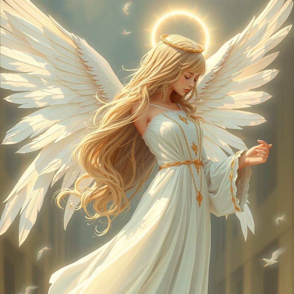 Ethereal Blonde Angel in Flowing White Gown