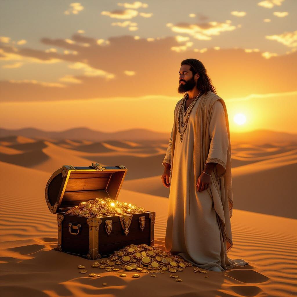 Man Finds Desert Treasure at Sunset, Inspired by Bierstadt