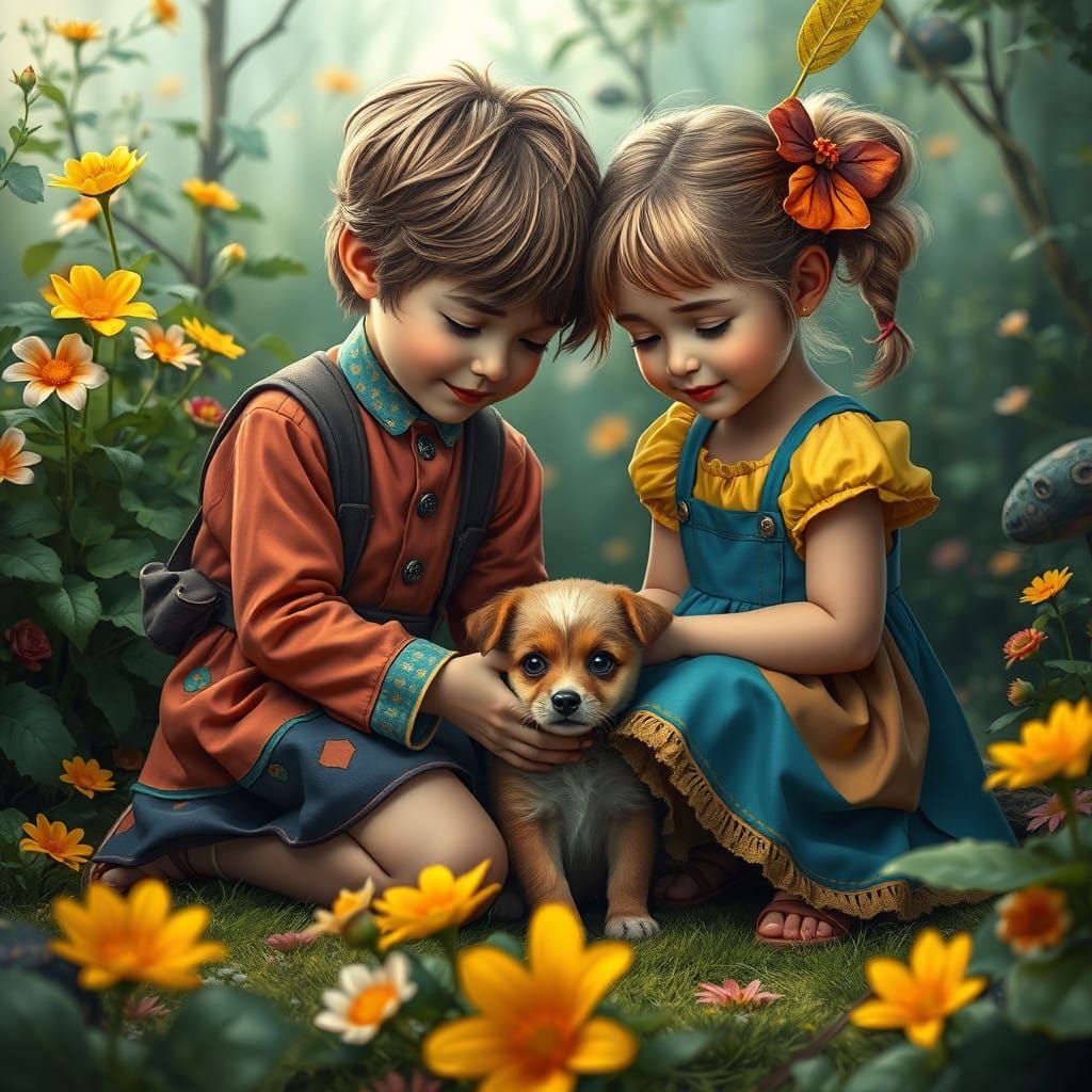 Children in Whimsical Wonderland Pet Adorable Puppy