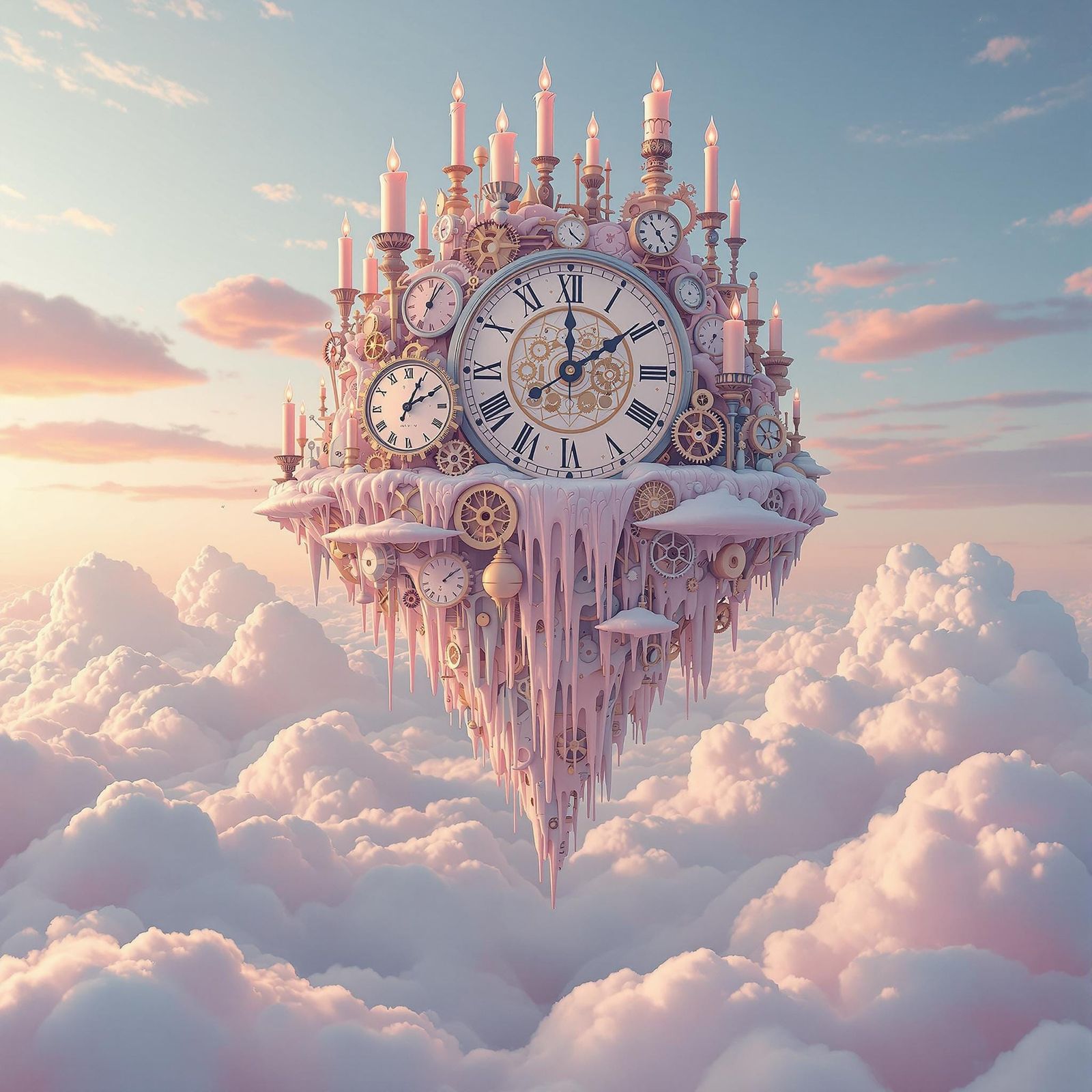 Clockwork Island in Pastel Sunset Dreamscape