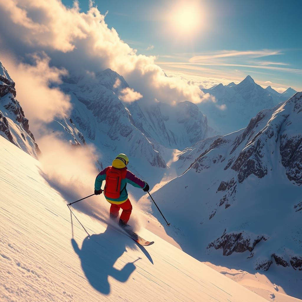 Skiing Down a Majestic, Snow-Covered Mountain Pass in Vibran...