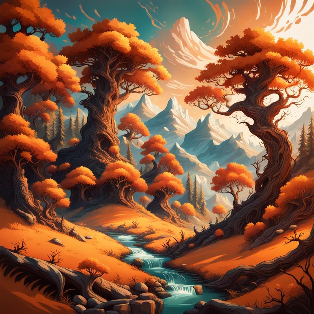 Orange Fantasy Landscape with Crooked Trees