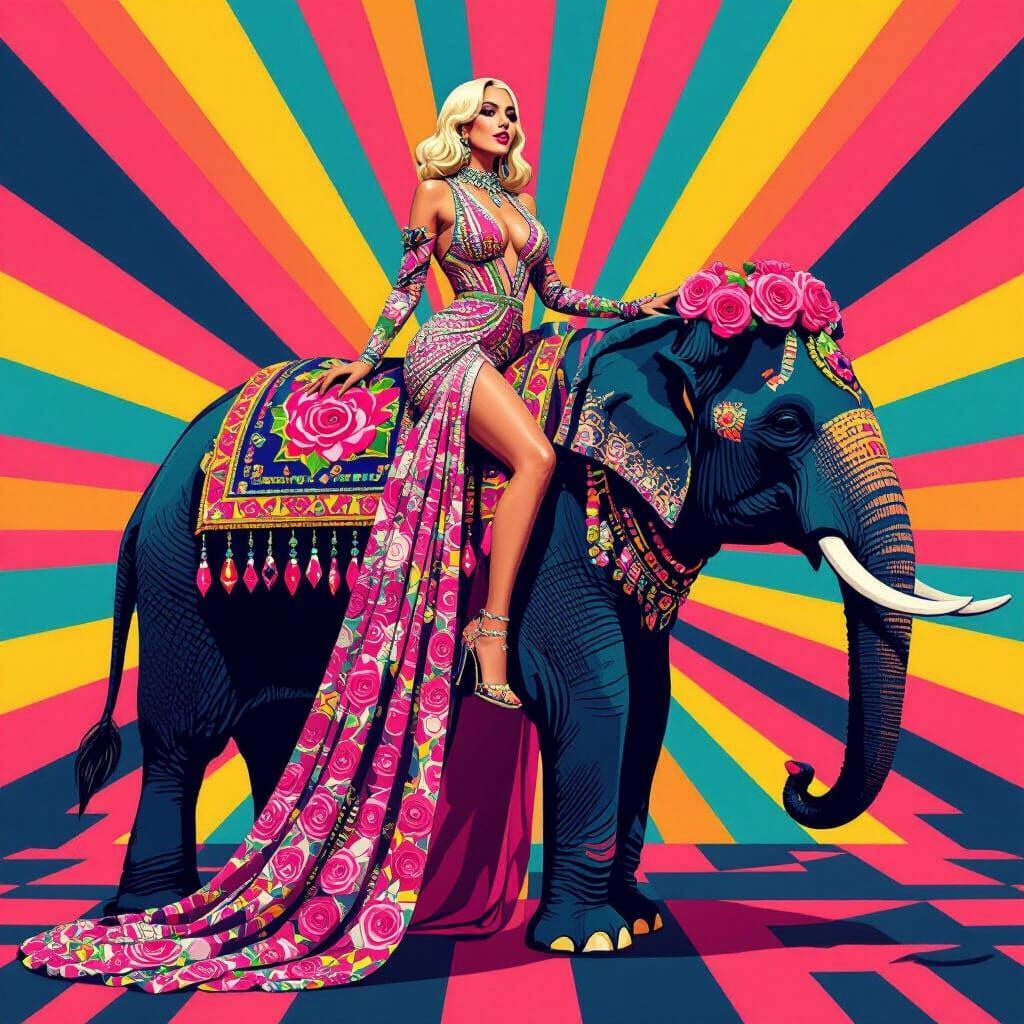 Lady Gaga Rides Elephant in Pop Art Style