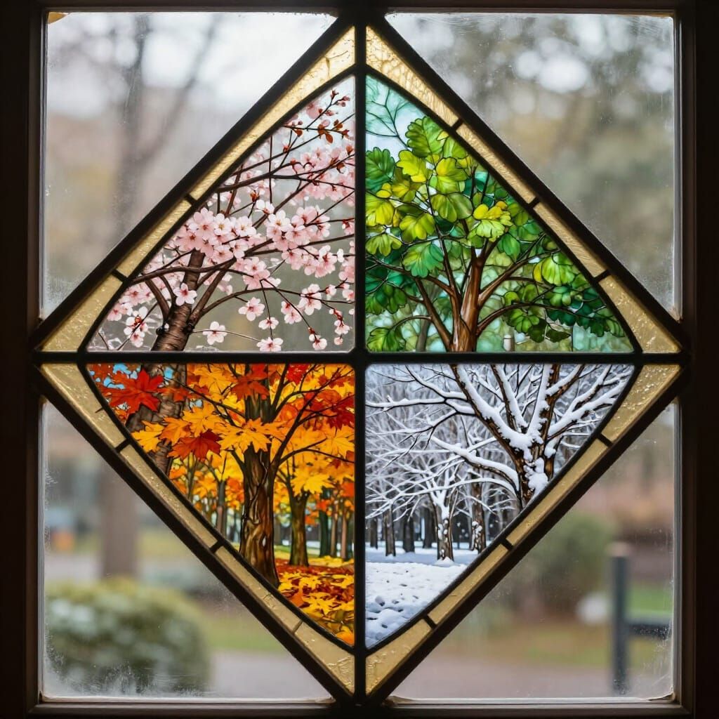 Four Seasons Stained Glass Window in Rhombus Shape