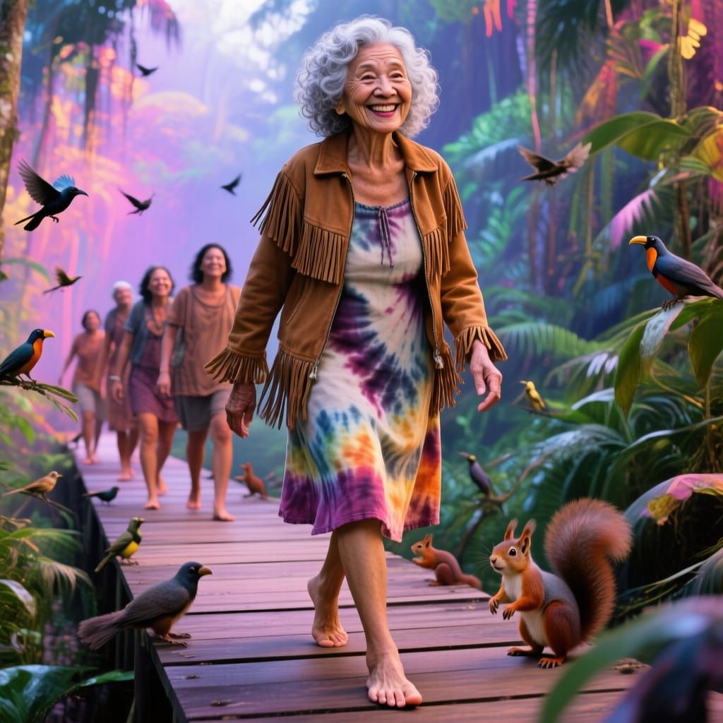 Elderly Woman Enjoys Nature Walk in Tie-Dye Dress