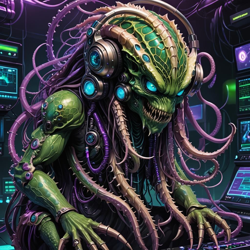 Cyberpunk Monster Creates Music in Futuristic Studio