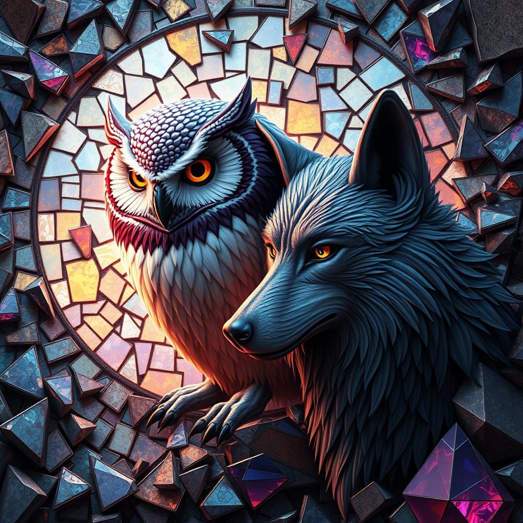 Owl and Wolf in Mosaic Stained Glass, 3D Rendered