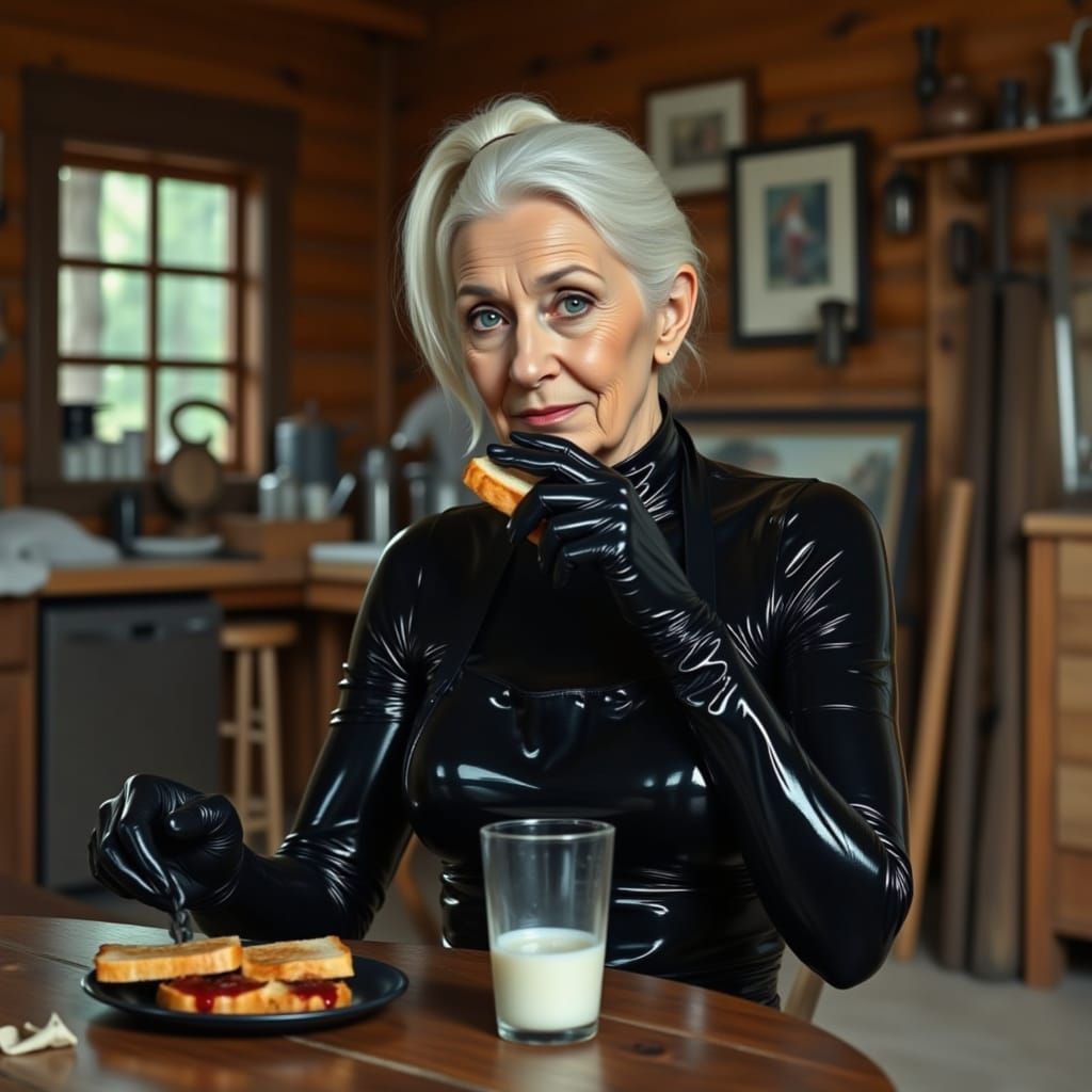 Elegant Woman Enjoys Peanut Butter and Jelly Sandwich