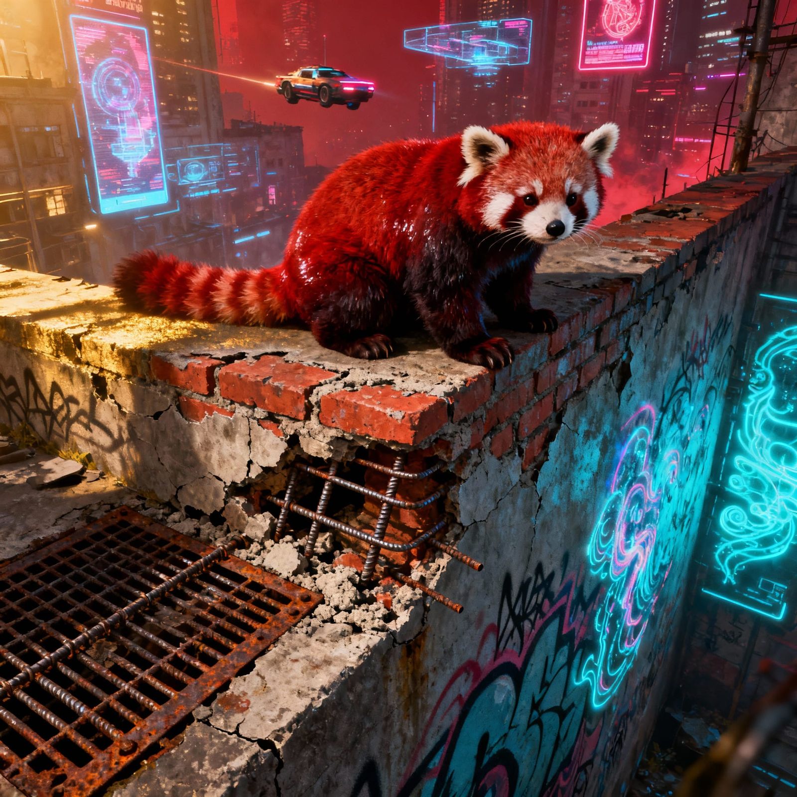 Red Panda in Cyberpunk City with Graffiti Art