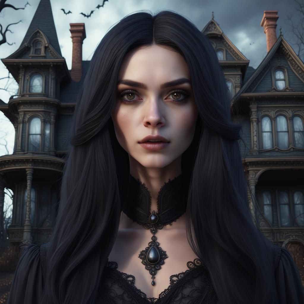 Young Witch by Haunted House, Detailed Matte Painting