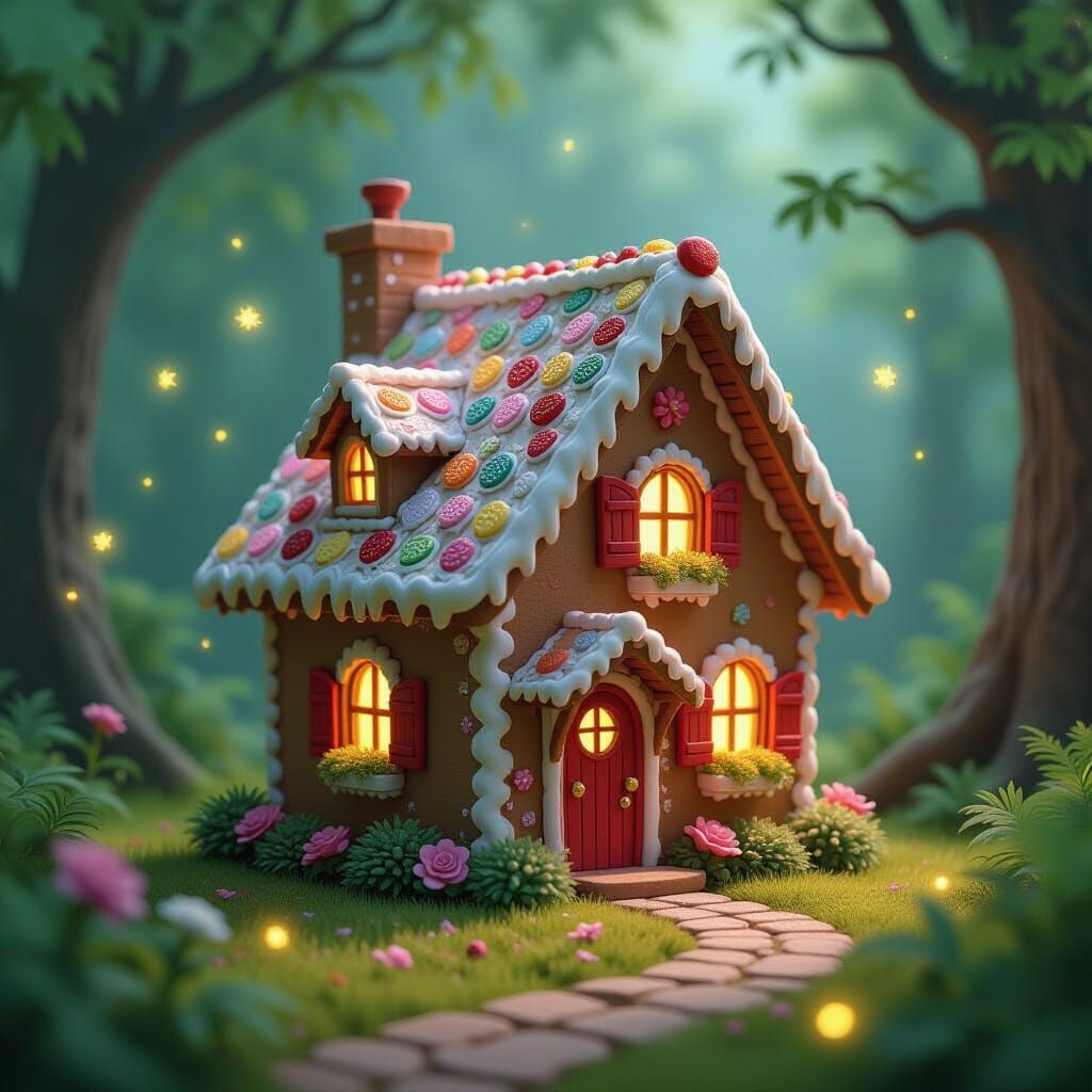 Magical Gingerbread House in Enchanted Forest Clearing