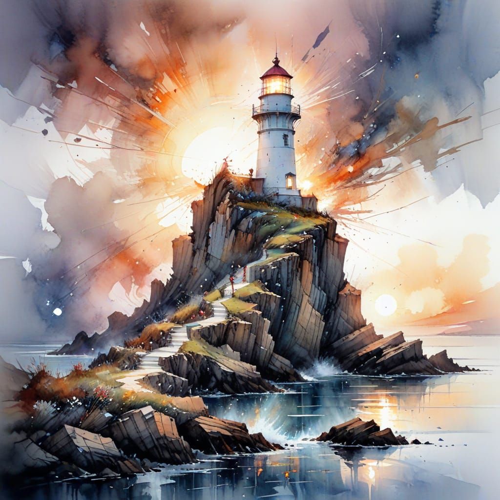 Ethereal Lighthouse Amidst Rocky Dawn Cliffs